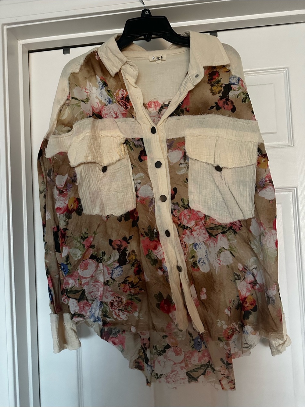POL Sheer Floral Button-Down Shirt - Cream & Tan